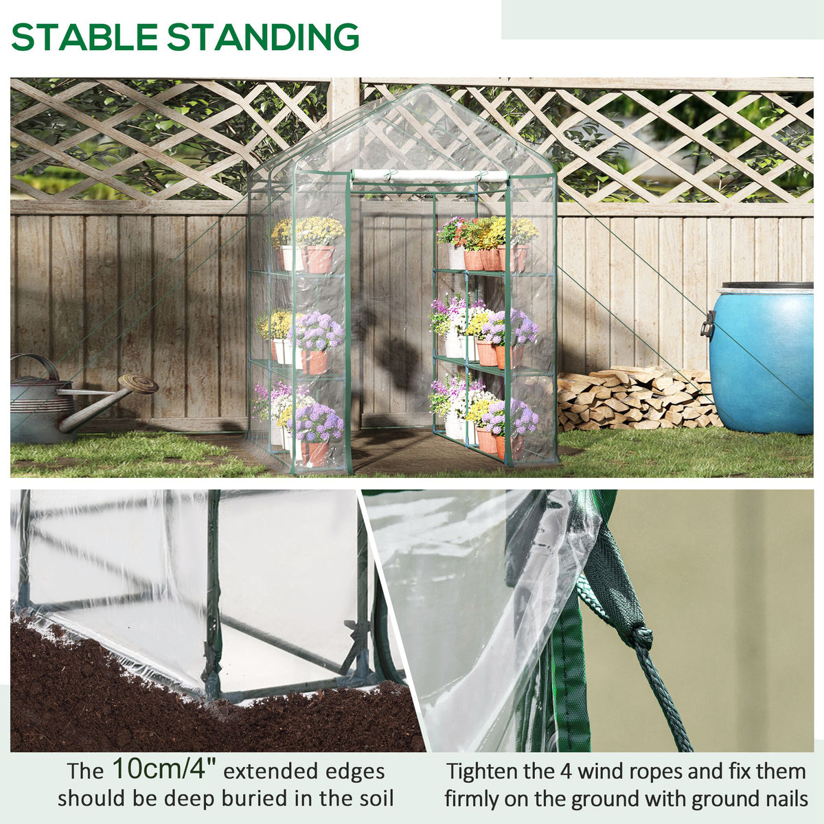 Walk-in greenhouse with extended cover edges and ground anchor ropes
