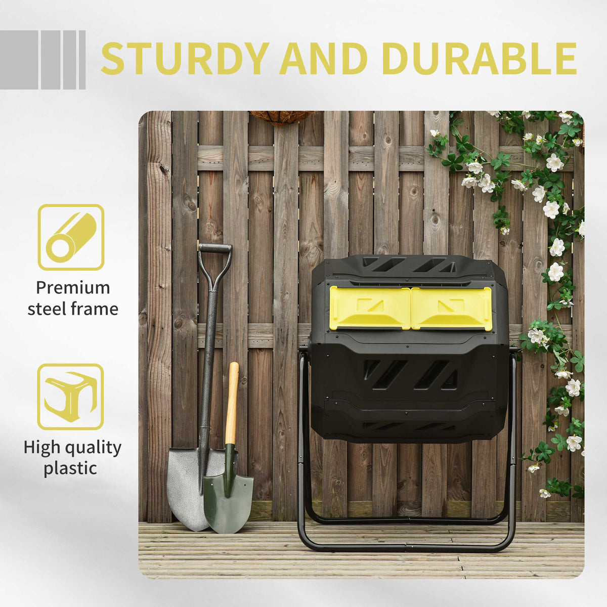 Outsunny composter with yellow access doors on a sturdy steel frame.