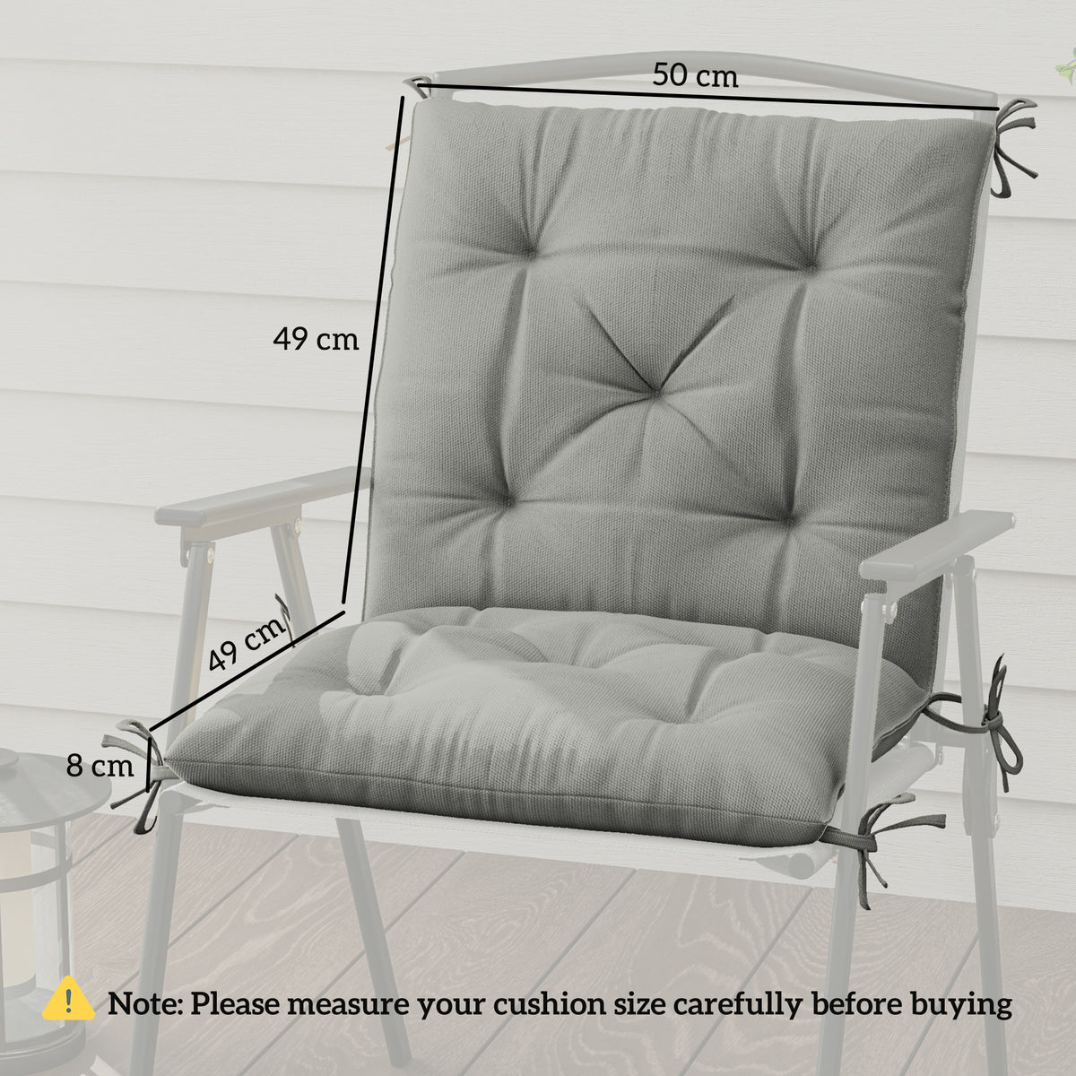 Light gray tufted outdoor chair cushion shown fitted to a chair, with size measurements