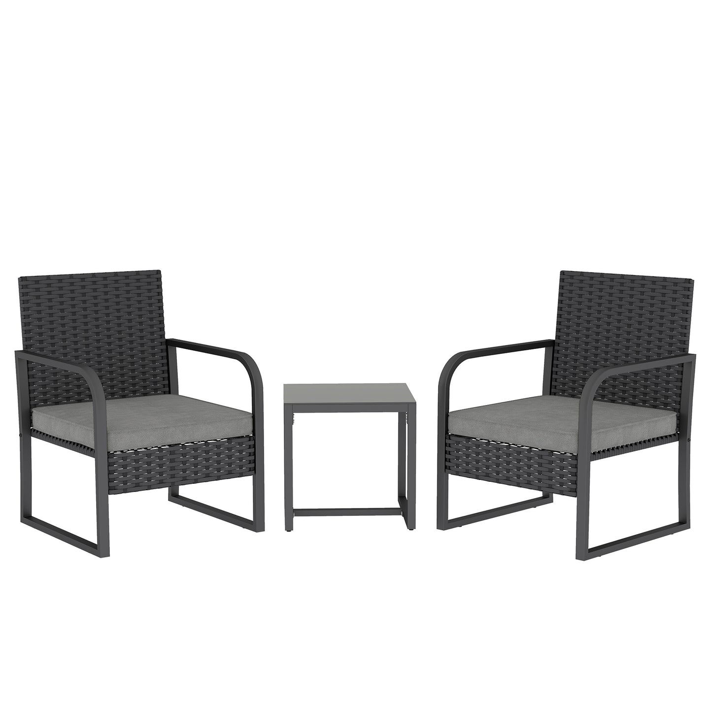 Photo of Outsunny Rattan Bistro Set, 3 Piece Garden Furniture Set with Cushions and Glass Top Table, Black in Black colour on a white background