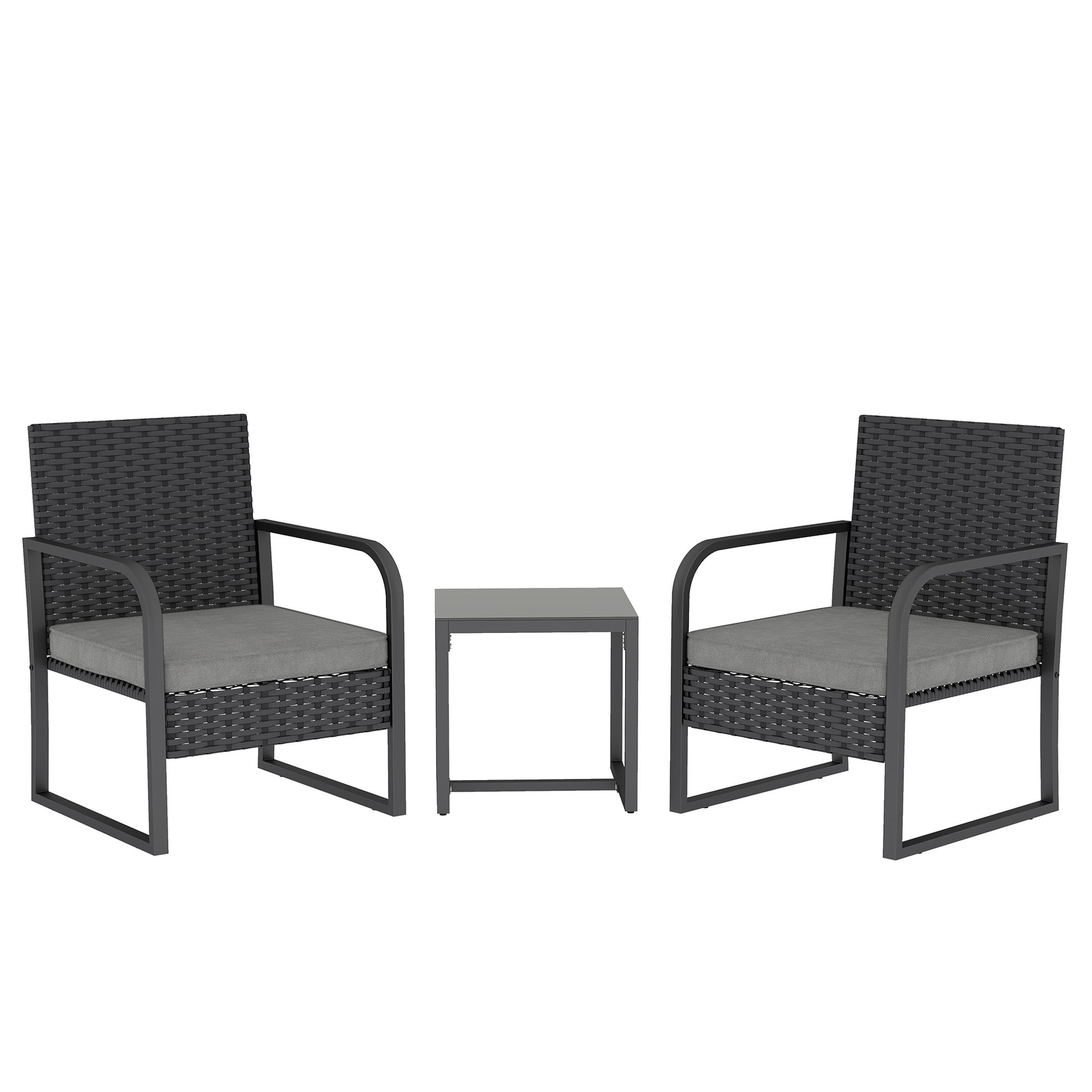Photo of Outsunny Rattan Bistro Set, 3 Piece Garden Furniture Set with Cushions and Glass Top Table, Black in Black colour on a white background