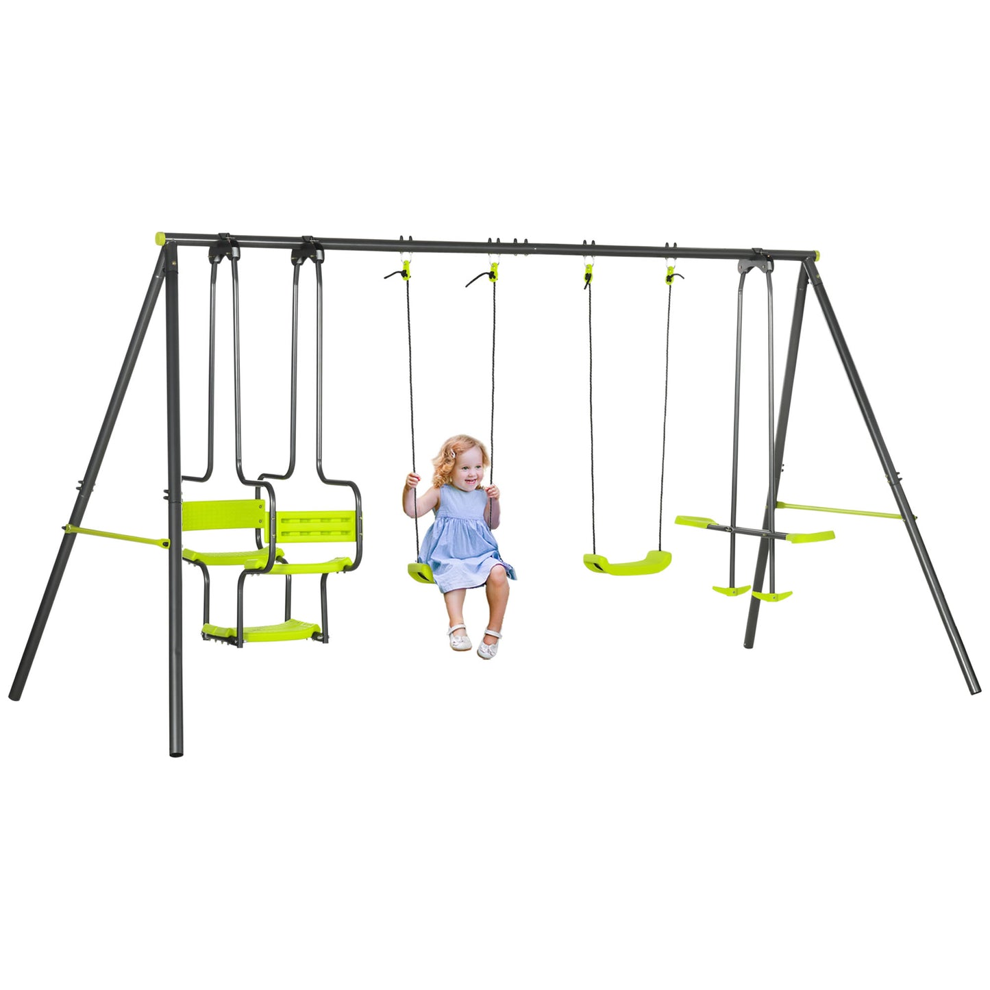 Photo of Outsunny Metal Garden Swing Set with Double Swings, Glider, Swing Seats - Green in Green colour on a white background