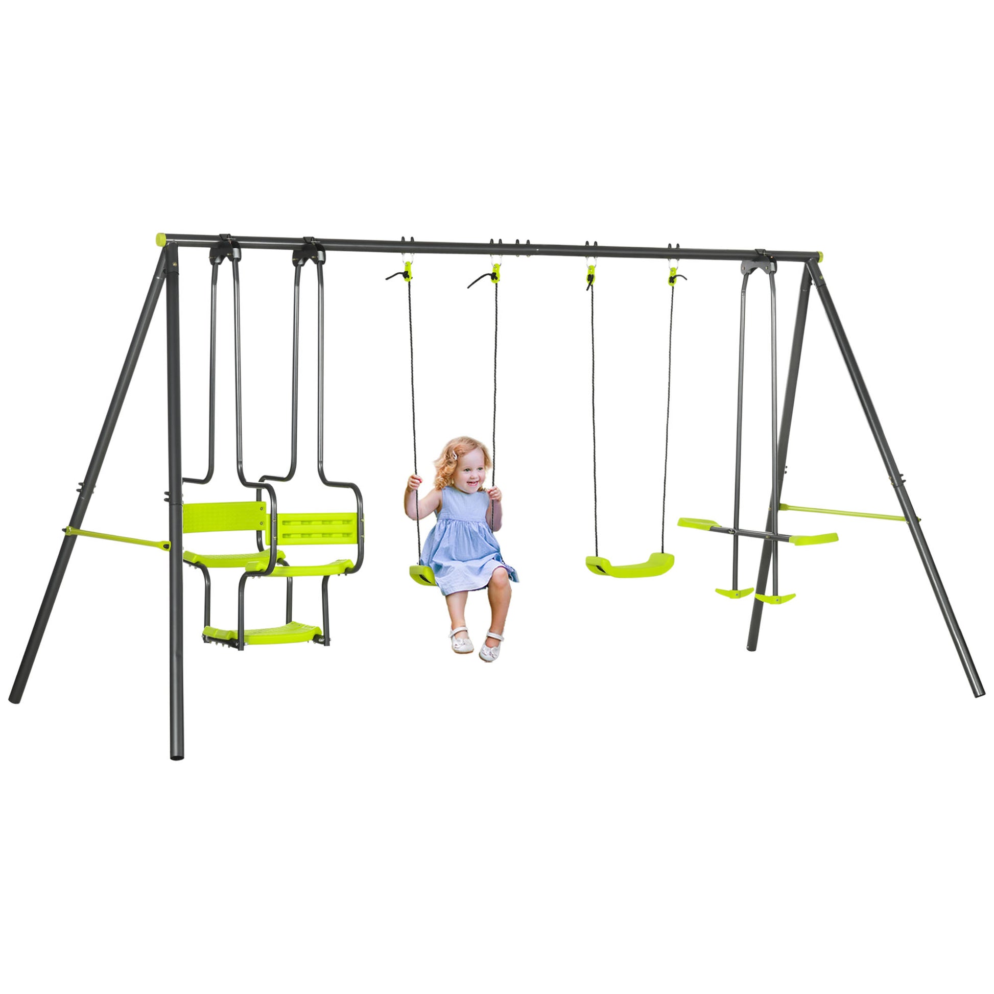 Photo of Outsunny Metal Garden Swing Set with Double Swings, Glider, Swing Seats - Green in Green colour on a white background