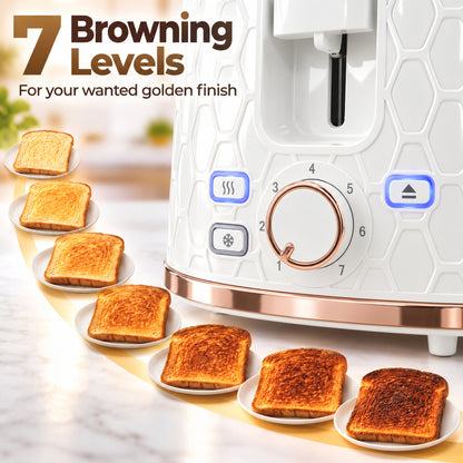 White toaster browning control dial with seven settings and rose gold trim