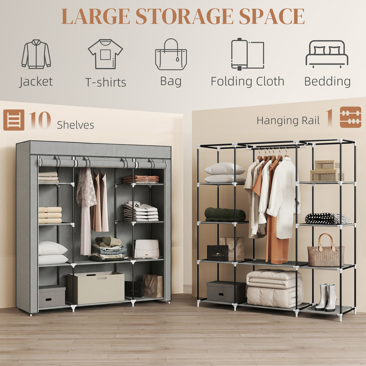 HOMCOM Clothes Storage Organiser with Hanging Rail, Shelves, Portable Wardrobe, Foldable Fabric Wardrobe, Light Grey