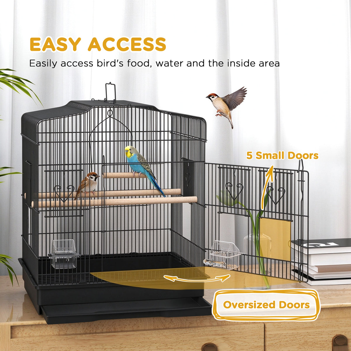 Black bird cage with oversized access door and smaller feeder doors