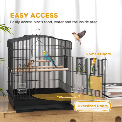 Black bird cage with oversized access door and smaller feeder doors