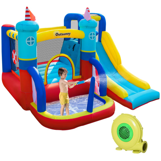 Photo of Outsunny Kids Bouncy Castle, 4 in 1 Large Sailboat Style Inflatable House Slide Trampoline Water Pool Climbing Wall with Blower Carrybag for Kids Age 3-8, 2.65 x 2.6 x 2m in 2m colour on a white background