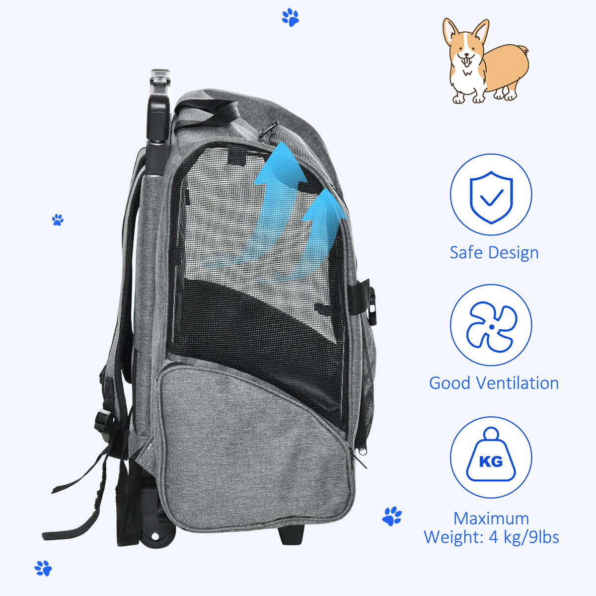 PawHut 2 in 1 Dog Backpack and Trolley, Pet Travel Backpack Cat Dog Carrier with Telescopic Handle, Portable Pet Stroller Wheel Luggage Bag (Grey)