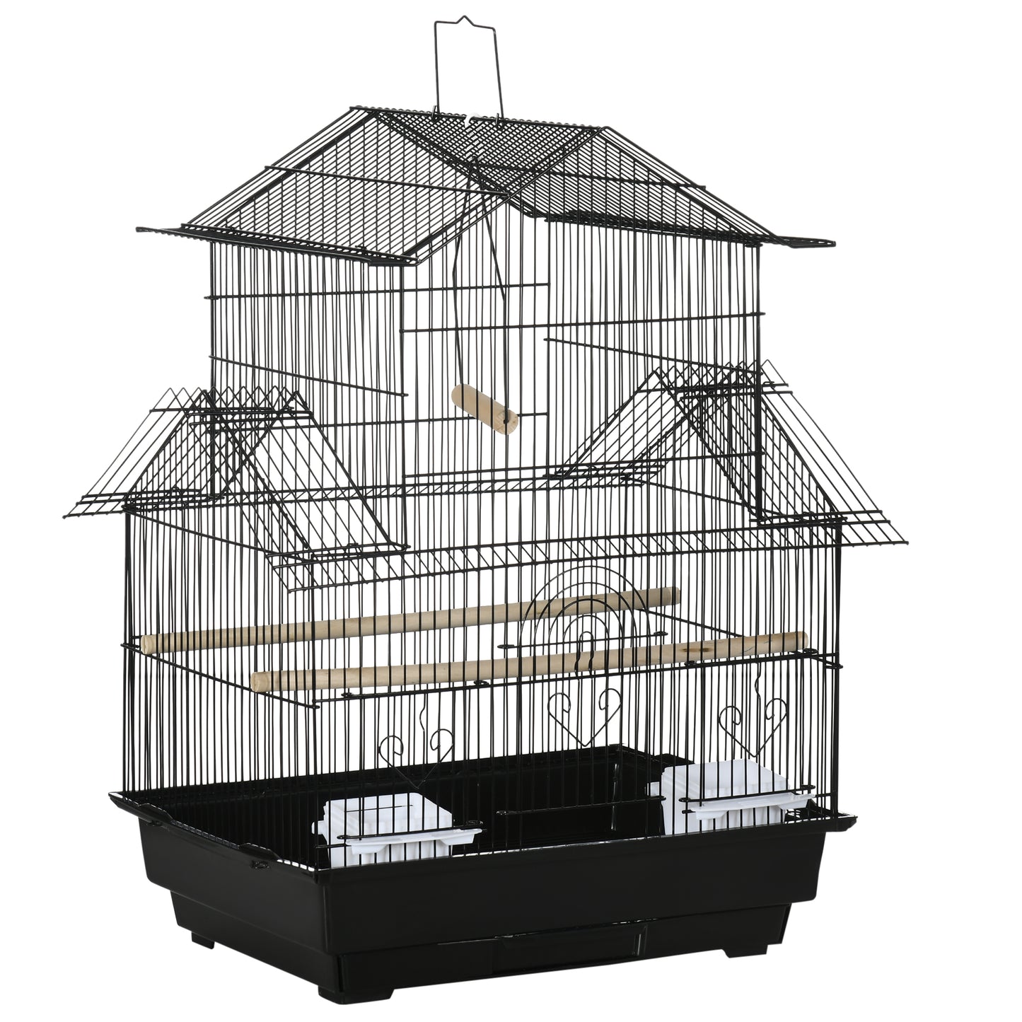 Photo of PawHut Metal Bird Cage with Plastic Swing Perch Food Container Tray Handle for Finch Canary Budgie 43.5 x 33 x 63 cm, Black in Black colour on a white background