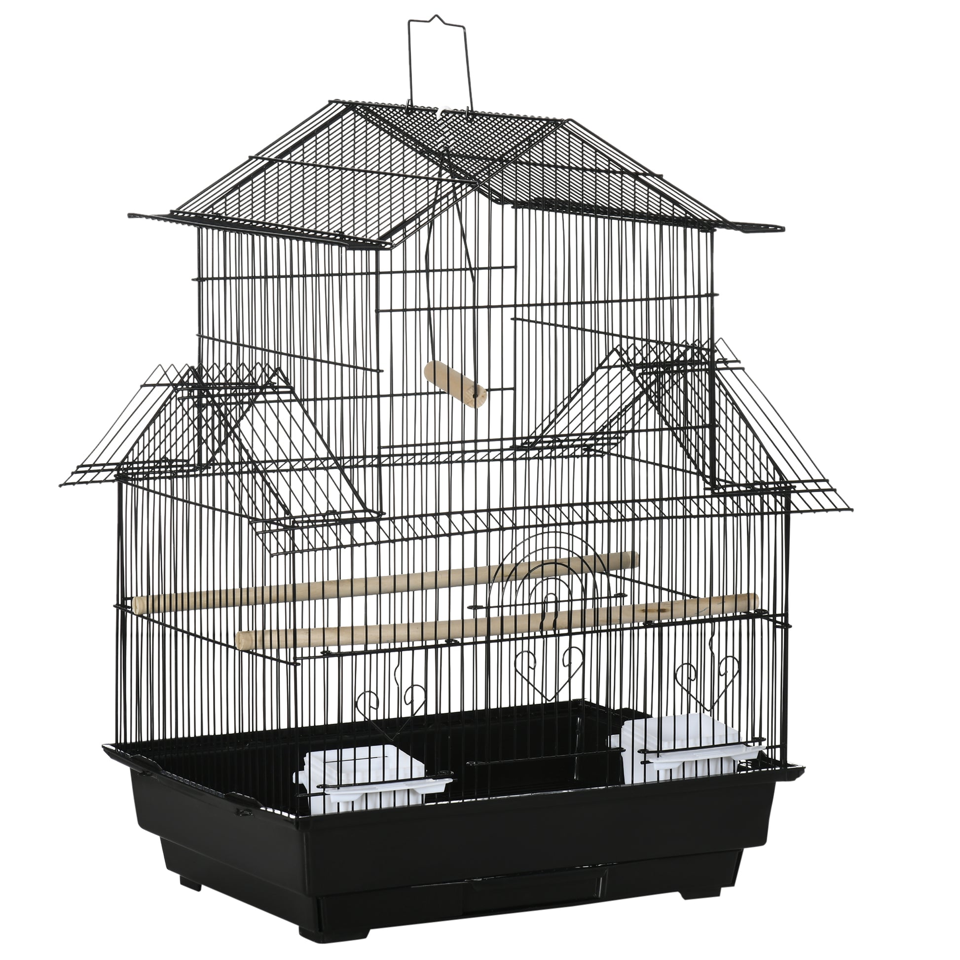 Photo of PawHut Metal Bird Cage with Plastic Swing Perch Food Container Tray Handle for Finch Canary Budgie 43.5 x 33 x 63 cm, Black in Black colour on a white background