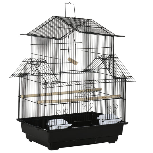 Photo of PawHut Metal Bird Cage with Plastic Swing Perch Food Container Tray Handle for Finch Canary Budgie 43.5 x 33 x 63 cm, Black in Black colour on a white background