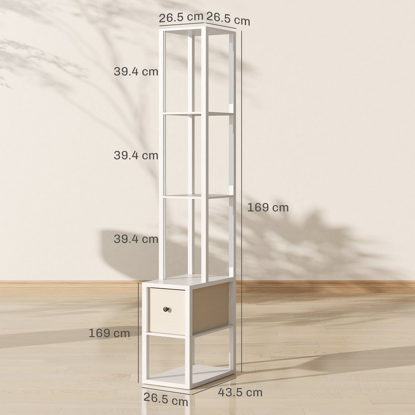 HOMCOM Floor Lamp with Shelves, LED Column Modern Standing Lamp with Fabric Drawer, Adjustable Brightness, Foot Switch for Living Room, Bedroom, Office, White