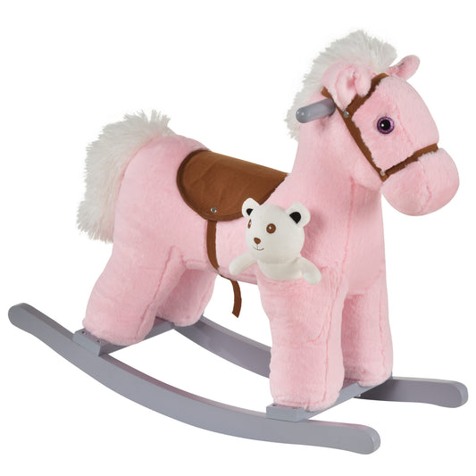 Photo of HOMCOM Kids Plush Ride-On Rocking Horse Toy Rocker with Plush Toy Realistic Sounds for Child 18-36 Months Pink in Pink colour on a white background