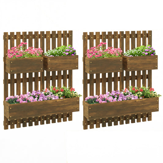 Photo of Outsunny Set of 2 Wall-mounted Wooden Garden Planters with Trellis, Drainage Holes and Movable Planter Boxes, Wall Raised Garden Bed for Patio, Carbonised in Carbonised colour on a white background