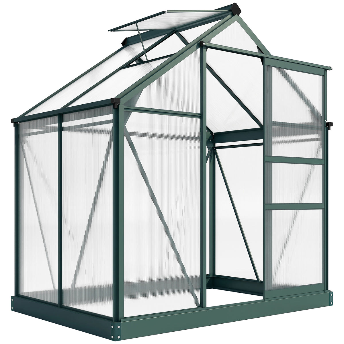 Outsunny greenhouse with dark green frame, translucent panels, sliding door, and roof vent