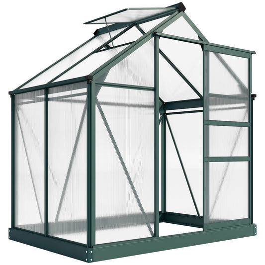 Outsunny greenhouse with dark green frame, translucent panels, sliding door, and roof vent
