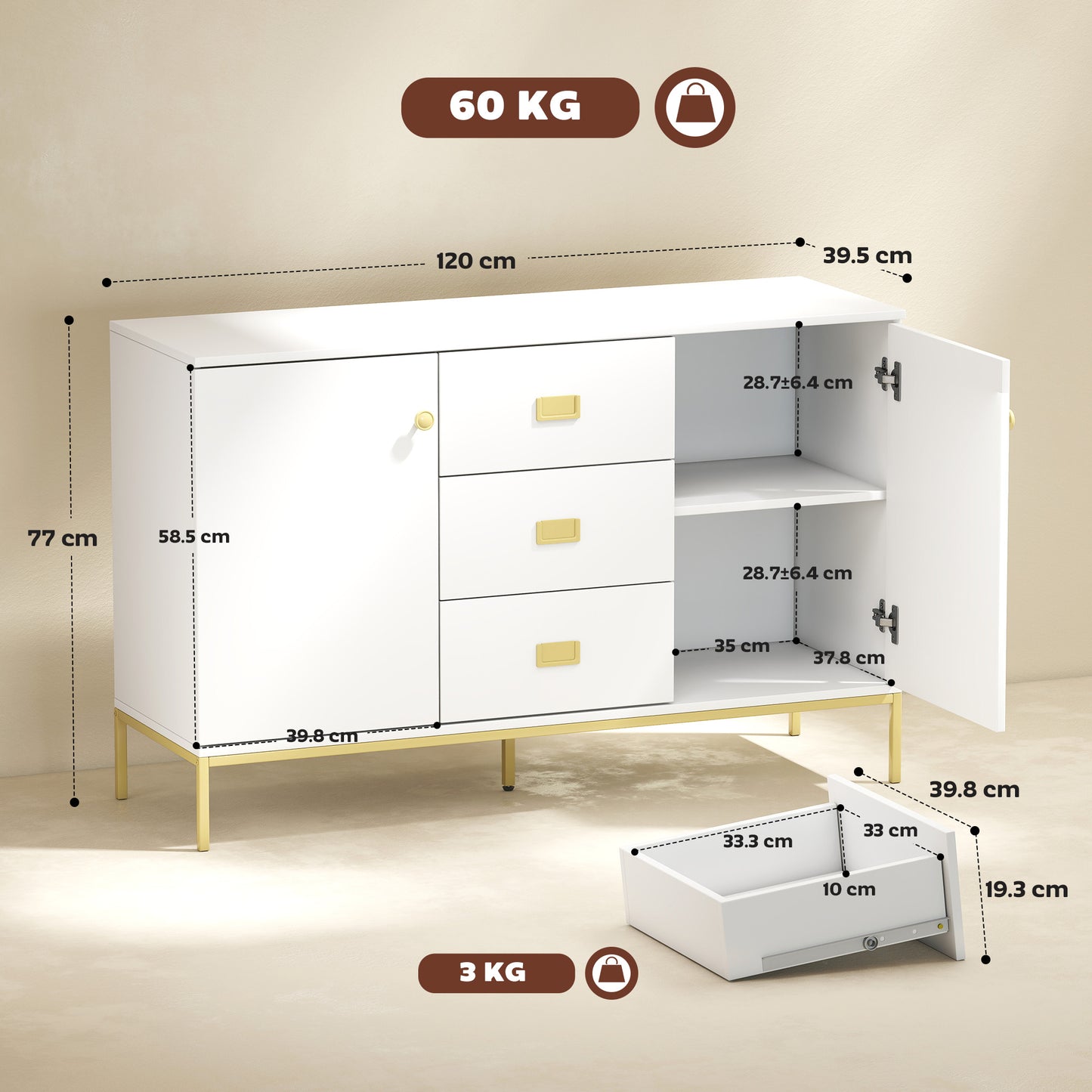 HOMCOM Modern White and Gold Sideboard