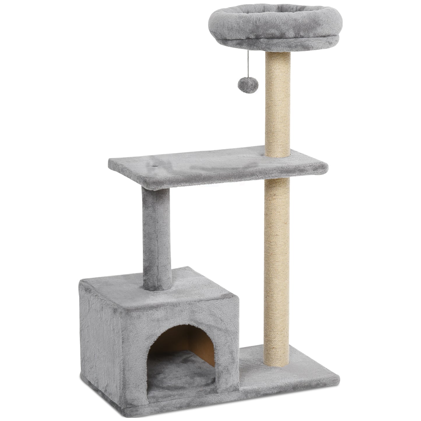 Photo of PawHut 96cm Cat Tree for Indoor Cats Condo Sisal Scratching Post Cat Tower Kitten Play House Dangling Ball Activity Center Furniture Grey in Grey colour on a white background