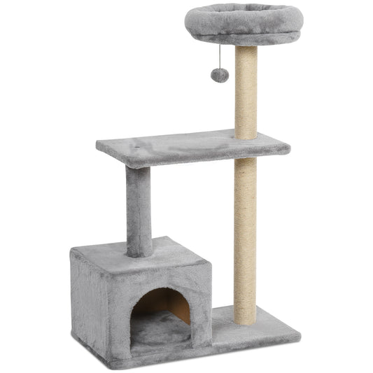 Photo of PawHut 96cm Cat Tree for Indoor Cats Condo Sisal Scratching Post Cat Tower Kitten Play House Dangling Ball Activity Center Furniture Grey in Grey colour on a white background