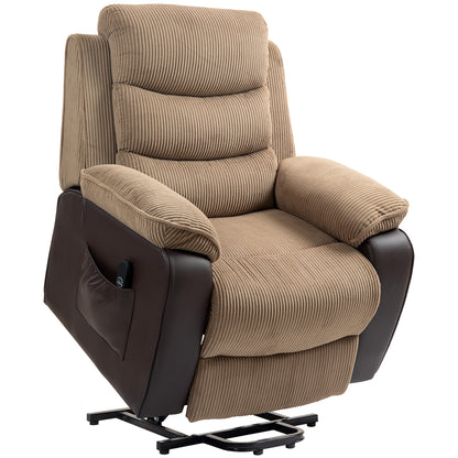 Brown corduroy electric lift recliner with padded arms, side pocket and metal base