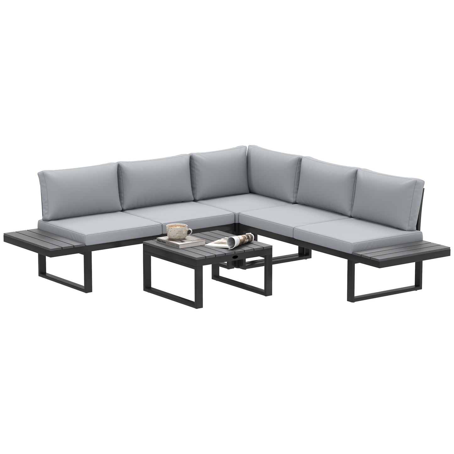 Photo of Outsunny 4 Pieces Garden Furniture Set, 5-Level Reclining Garden Corner Sofa Set, Outdoor Lounge Conversation Sectional with Cushions, Wood Effect Plastic Table, Black Frame & Light Grey Cushion in Cushion colour on a white background