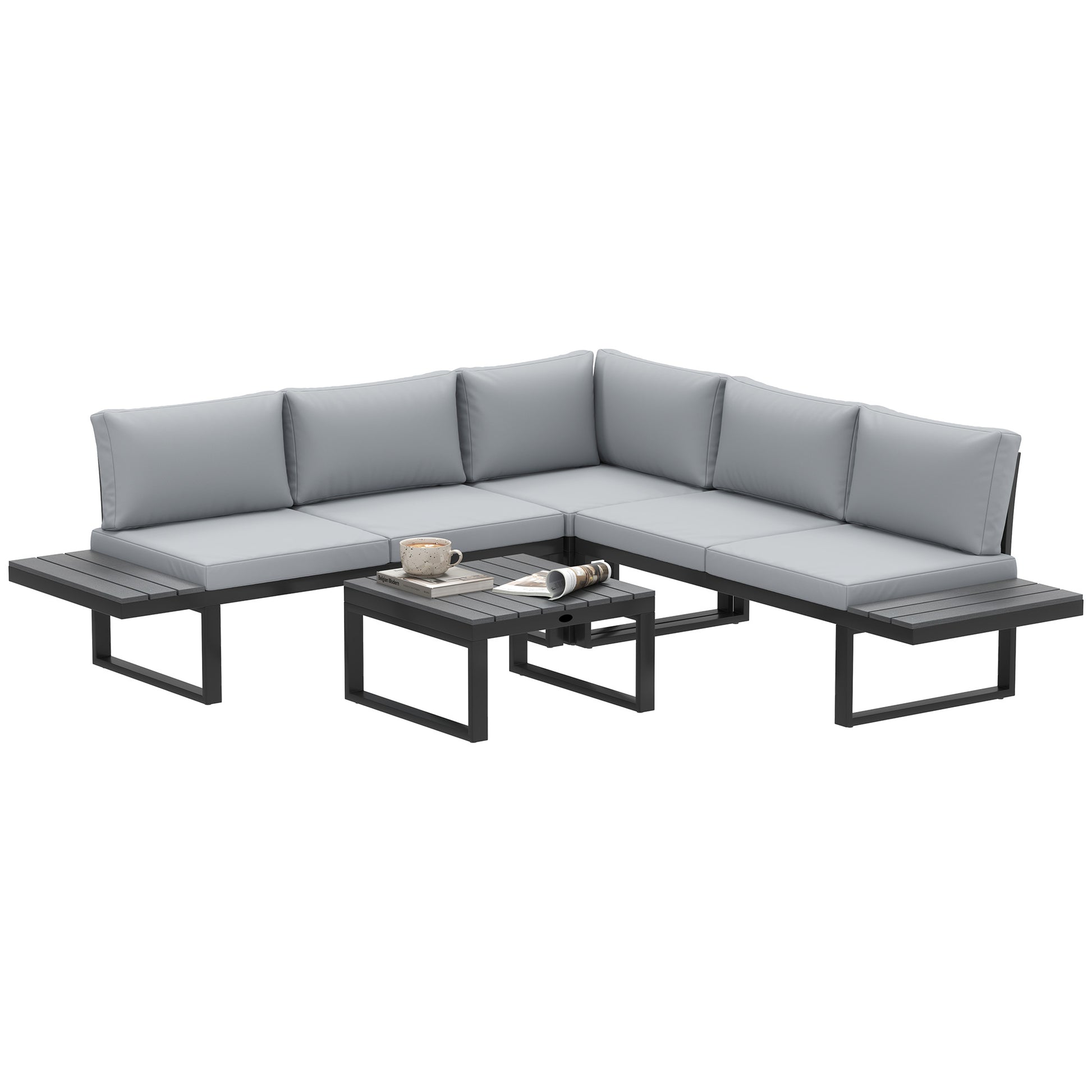 Photo of Outsunny 4 Pieces Garden Furniture Set, 5-Level Reclining Garden Corner Sofa Set, Outdoor Lounge Conversation Sectional with Cushions, Wood Effect Plastic Table, Black Frame & Light Grey Cushion in Cushion colour on a white background