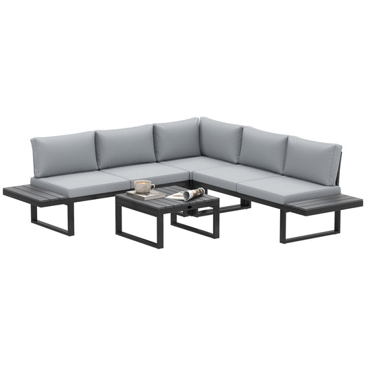 Photo of Outsunny 4 Pieces Garden Furniture Set, 5-Level Reclining Garden Corner Sofa Set, Outdoor Lounge Conversation Sectional with Cushions, Wood Effect Plastic Table, Black Frame & Light Grey Cushion in Cushion colour on a white background