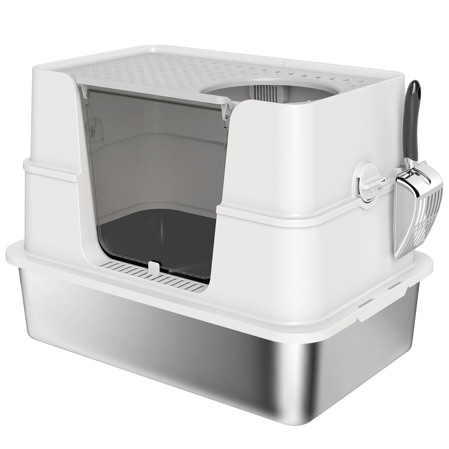 Photo of PawHut XL Stainless Steel Litter Box w/ 100° Flip Top, Scoop, Side Top Dual Entry, Odor Free, Easy Cleaning, Anti Leakage in Leakage colour on a white background