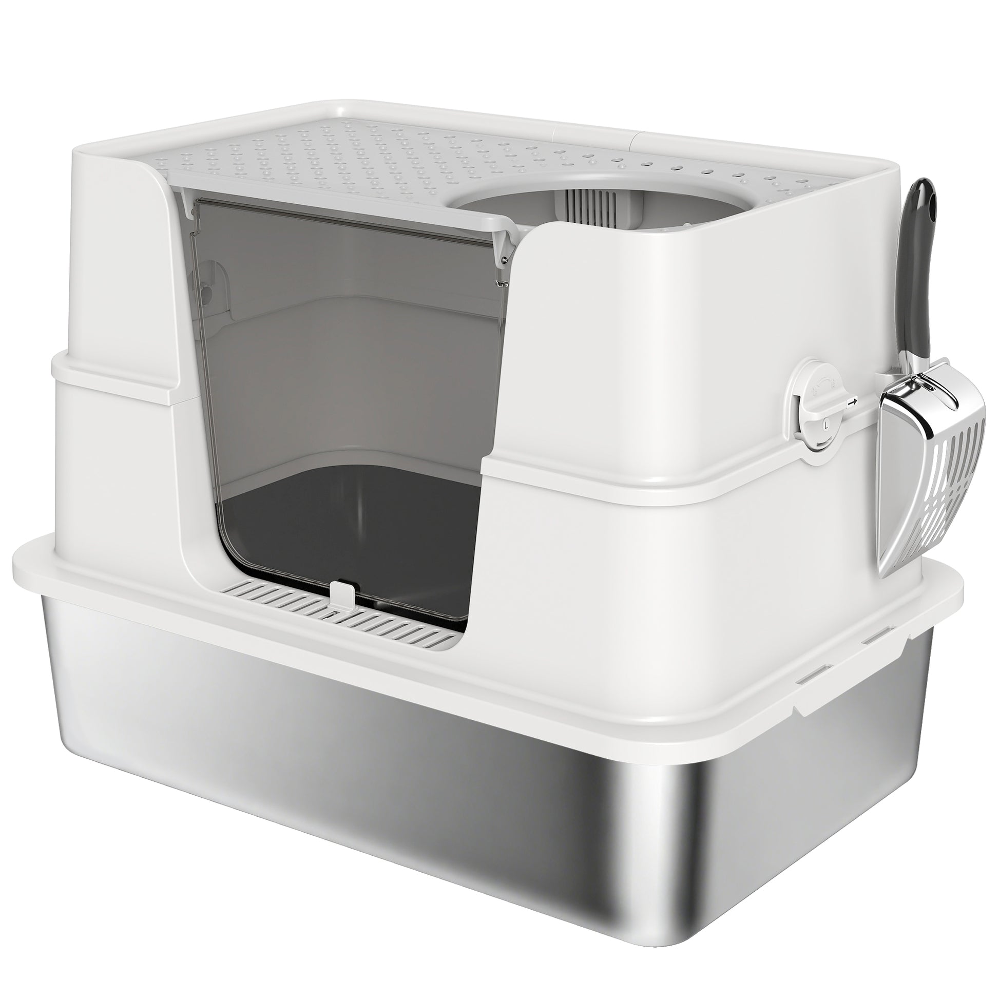 Photo of PawHut XL Stainless Steel Litter Box w/ 100° Flip Top, Scoop, Side Top Dual Entry, Odor Free, Easy Cleaning, Anti Leakage in Leakage colour on a white background