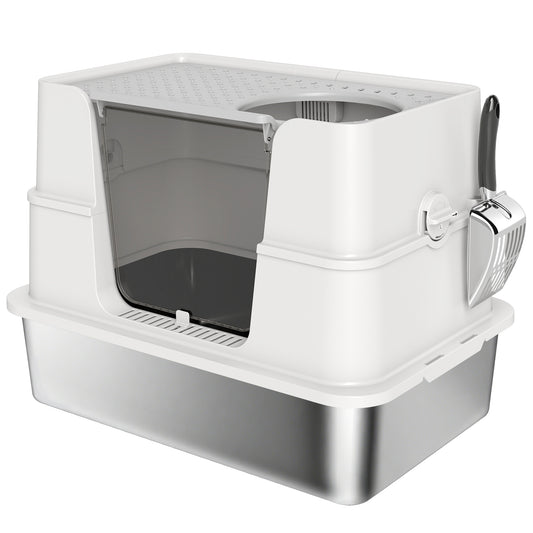 Photo of PawHut XL Stainless Steel Litter Box w/ 100° Flip Top, Scoop, Side Top Dual Entry, Odor Free, Easy Cleaning, Anti Leakage in Leakage colour on a white background