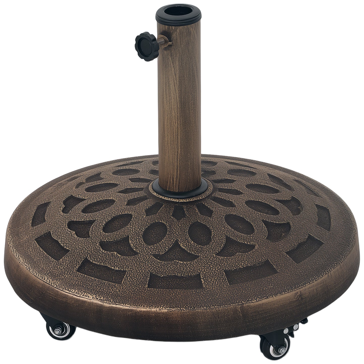 Photo of Outsunny 21kg Resin Garden Parasol Base with Wheels, Round Umbrella Stand, Heavy Duty Sun Umbrella Base for 32, 38, 48 mm Umbrella Poles for Deck Poolside, Bronze Tone in Tone colour on a white background