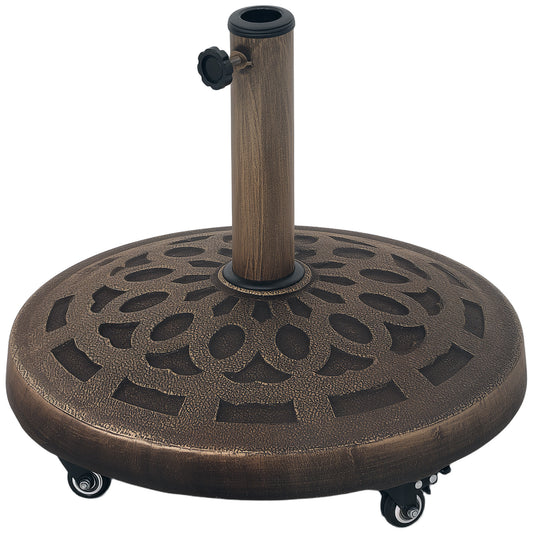 Photo of Outsunny 21kg Resin Garden Parasol Base with Wheels, Round Umbrella Stand, Heavy Duty Sun Umbrella Base for 32, 38, 48 mm Umbrella Poles for Deck Poolside, Bronze Tone in Tone colour on a white background