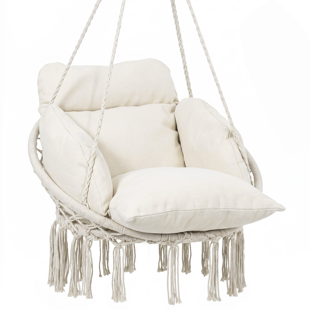 Outsunny cream hanging hammock chair with cushioned seat, cotton rope sides and fringe