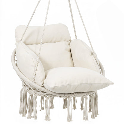 Outsunny cream hanging hammock chair with cushioned seat, cotton rope sides and fringe