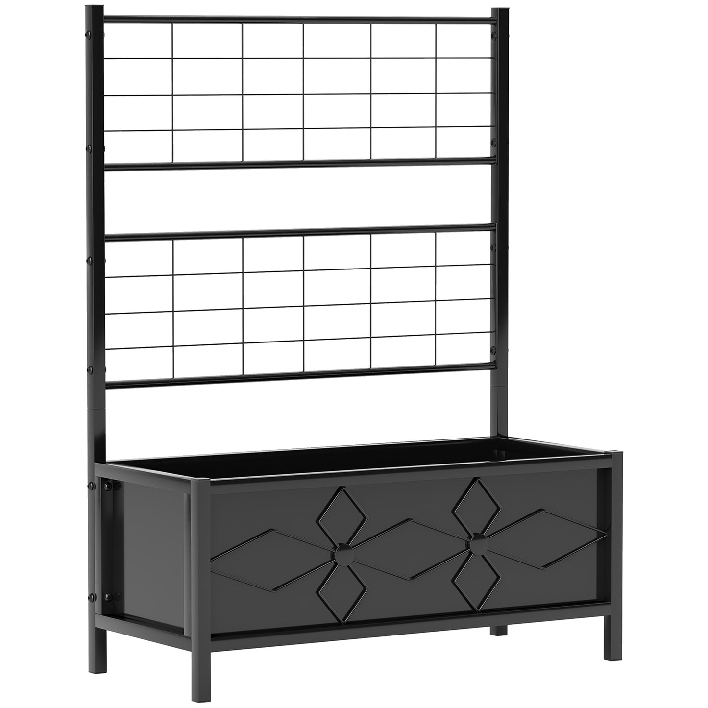 Photo of Outsunny Raised Bed for Garden with Trellis, Galvanised Planter Box with Diamond Pattern, Drainage Holes for Vegetables, Herbs and Flowers, 90 x 40 x 120 cm, Black in Black colour on a white background