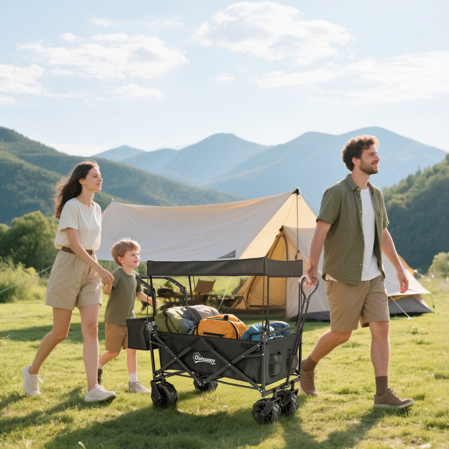 Outsunny 180L Festival Trolley on Wheels, Push & Pull Beach Cart with Removable Canopy, Wide All-Terrain Wheels, Folding Camping Trolley Cart, Adjustable Handle for Garden Fishing Shopping, Black