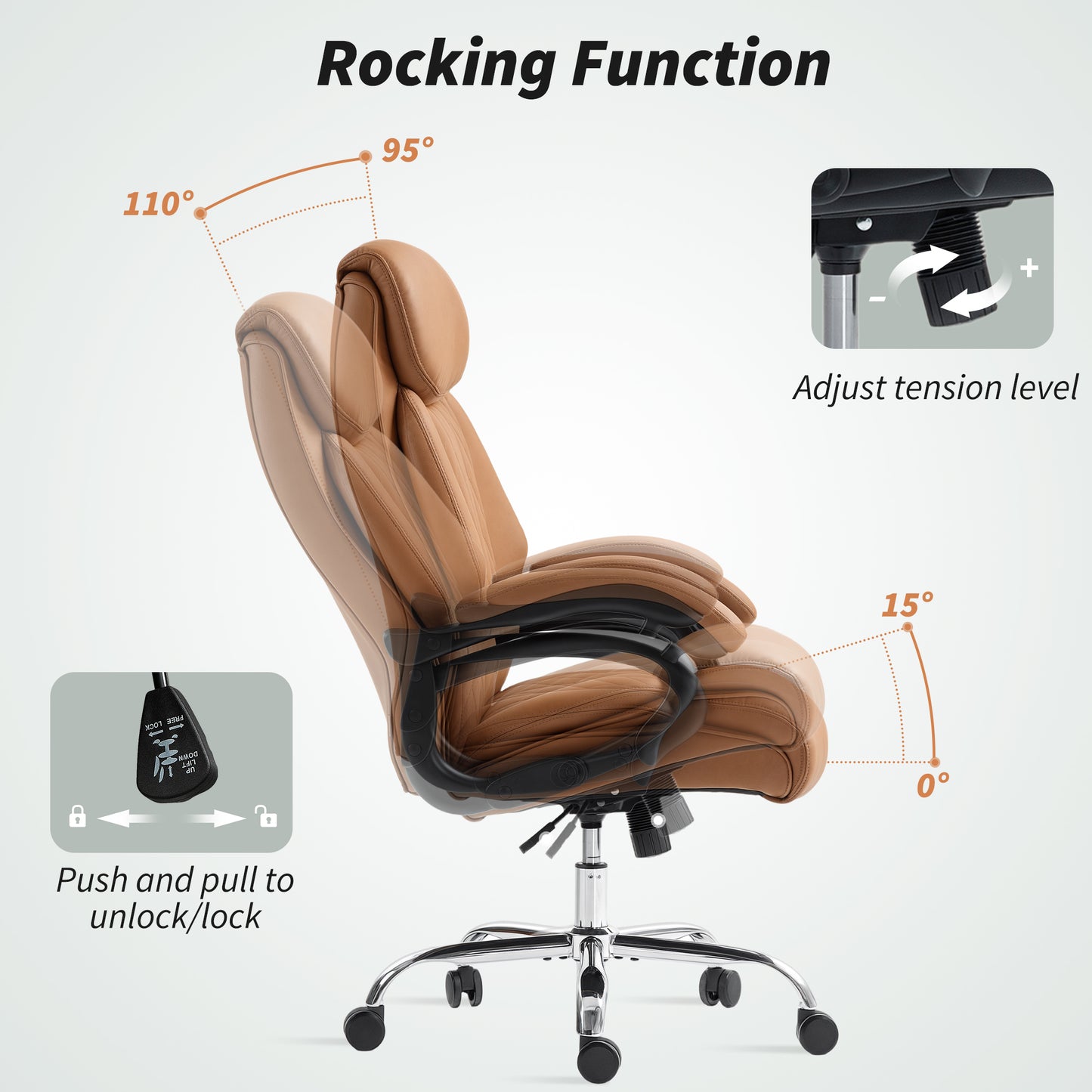 HOMCOM Spring Padded Faux Leather Office Chair with Super Padded, Reclining Office Chair - Light Brown