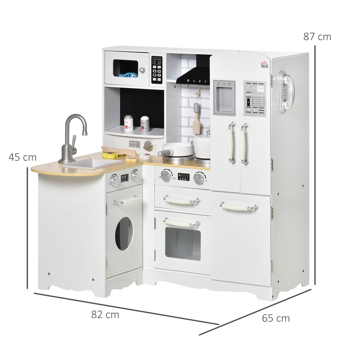HOMCOM white kids' play kitchen shown assembled, with sink, oven and refrigerator; dimensions marked