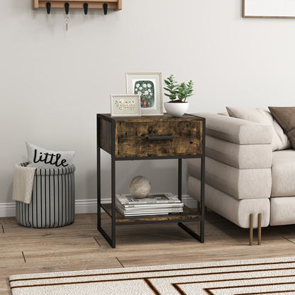 Bedside table with rustic brown drawer front, black frame, and lower shelf