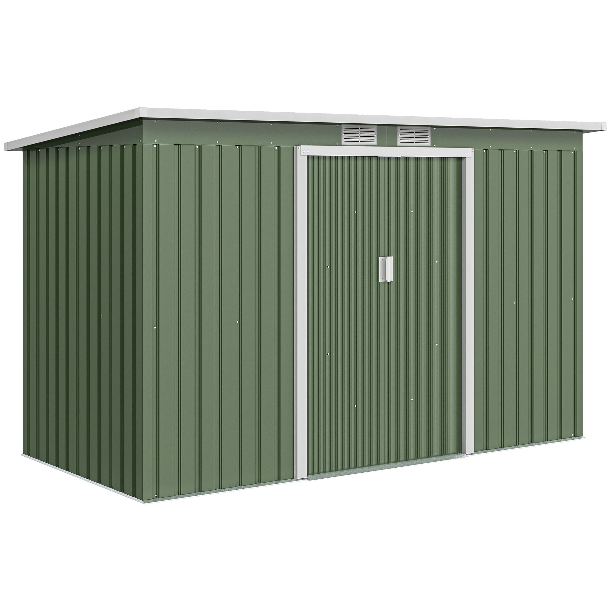 Photo of Outsunny 9ft x 4ft Metal Garden Shed, Outdoor Tool House with Foundation Kit, Ventilations and Double Doors, Light Green in Green colour on a white background