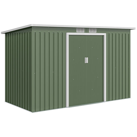 Photo of Outsunny 9ft x 4ft Metal Garden Shed, Outdoor Tool House with Foundation Kit, Ventilations and Double Doors, Light Green in Green colour on a white background