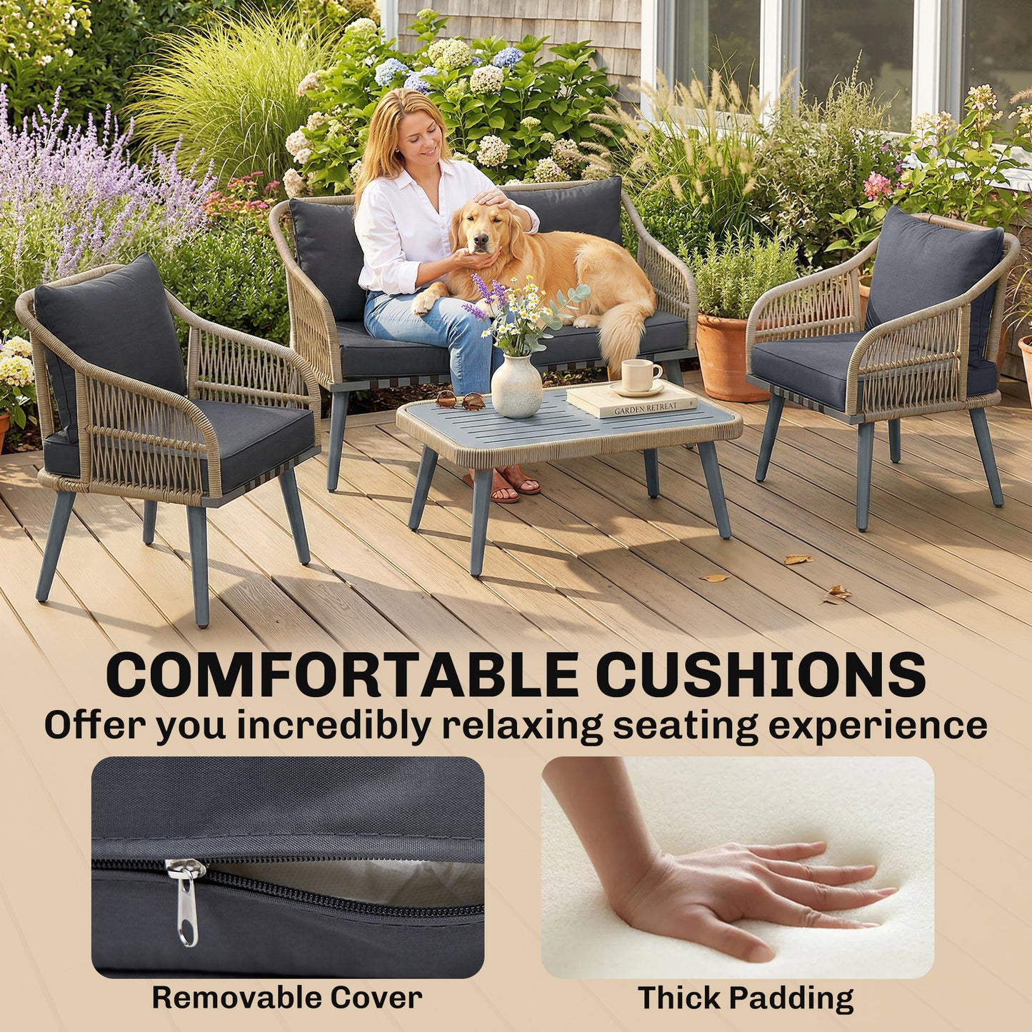 Outsunny 4 Piece Rattan Garden Furniture Set with Loveseat, Armchairs, Wood Table, Wicker Patio Conversation Set, Grey
