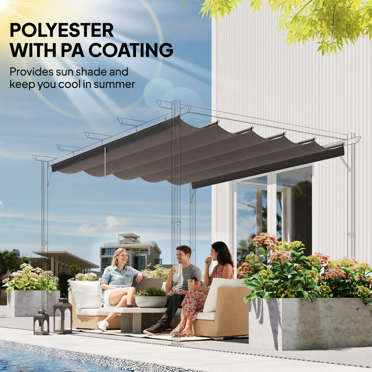 Outsunny light gray polyester pergola canopy with PA coating, shown extended over a patio