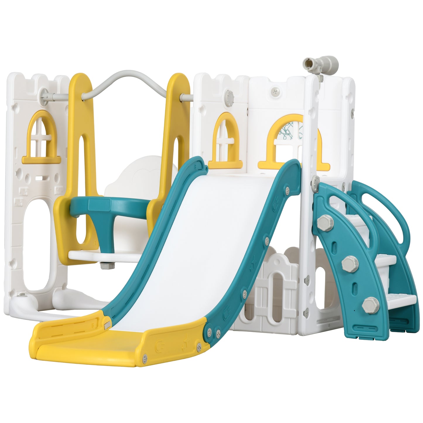 Photo of AIYAPLAY 6-in-1 Swing and Slide Set, Kids Playground with Basketball Hoop, Telescope, Storage Space - Yellow in Yellow colour on a white background
