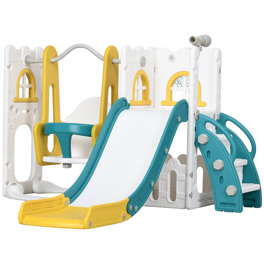 Photo of AIYAPLAY 6-in-1 Swing and Slide Set, Kids Playground with Basketball Hoop, Telescope, Storage Space - Yellow in Yellow colour on a white background