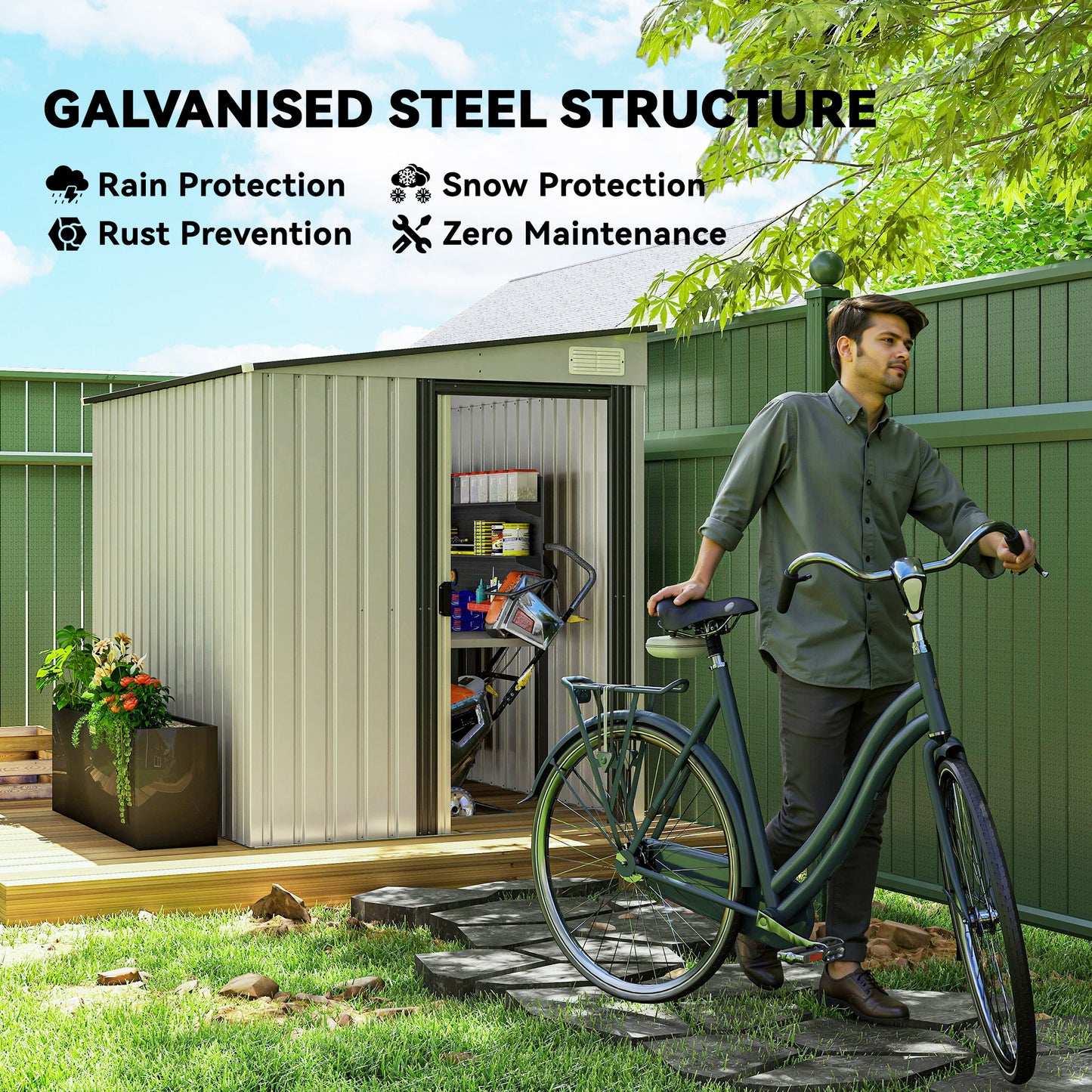 Outsunny 7 x 5ft Galvanised Metal Shed, with Sliding Door, two hooks and adjustable shelves - White