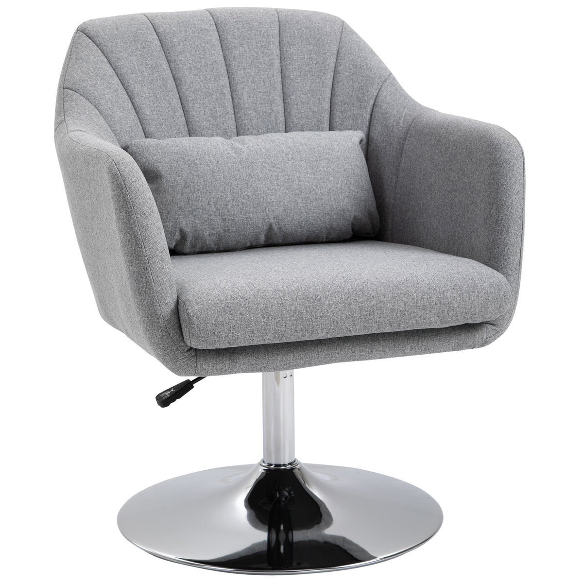 Light gray linen swivel accent chair with padded arms, lumbar cushion, adjustable height and metal base