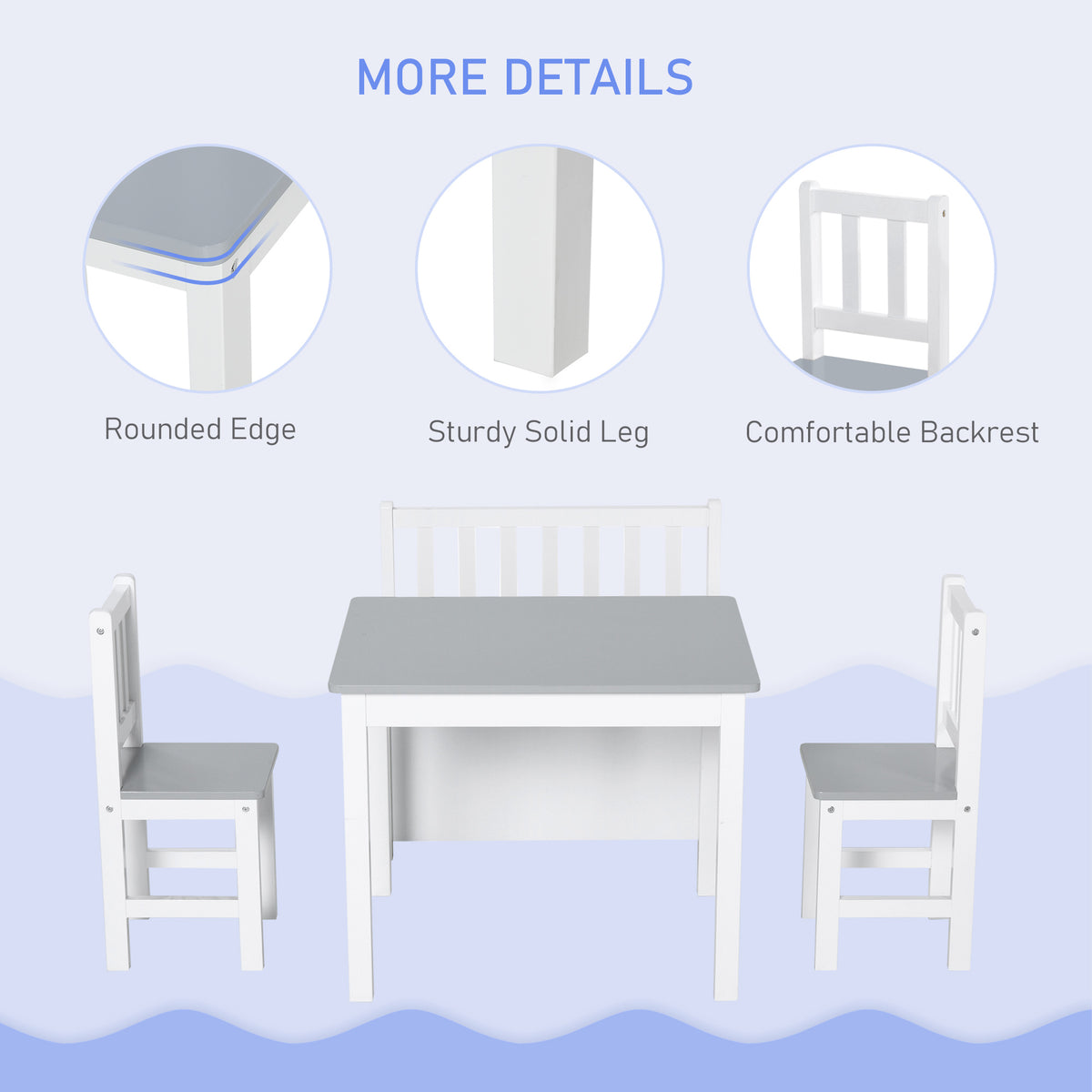 Kids' table set with rounded tabletop edges, sturdy legs, and slatted chair backs