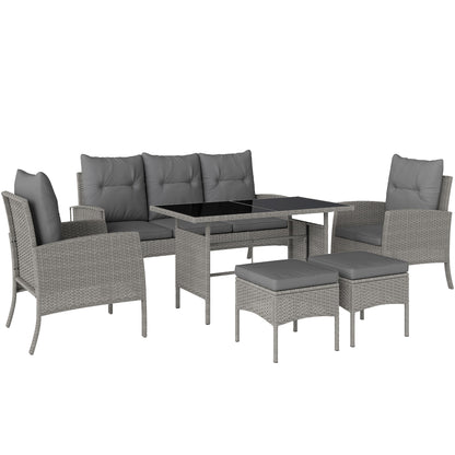 Grey rattan patio dining set with three-seat sofa, two armchairs, two footstools and glass-top table